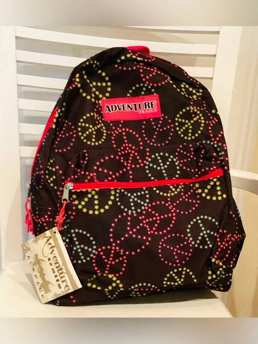 Black Peace Sign Floral Print Backpack with Pink Accents